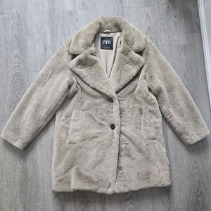 ZARA Faux Fur Teddy Coat Soft Plush Jacket Taupe Beige M